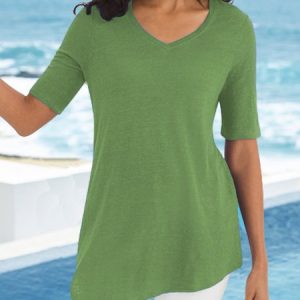 V Neck Casual Plain Short Sleeve T-Shirt, T-Shirts, color:Green|size:XXL, JustFashionNow