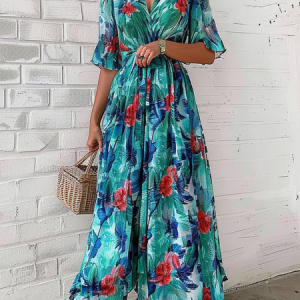 Floral Elegant Regular Fit Chiffon Dress, Dresses, color:Cyan|size:XXL, JustFashionNow