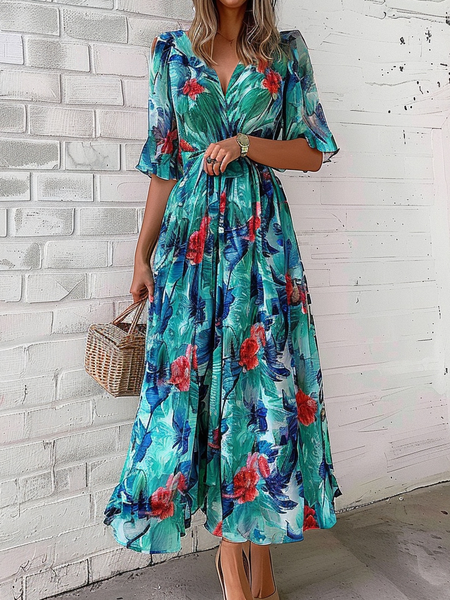 Floral Elegant Regular Fit Chiffon Dress, Dresses, color:Cyan|size:XXL, JustFashionNow
