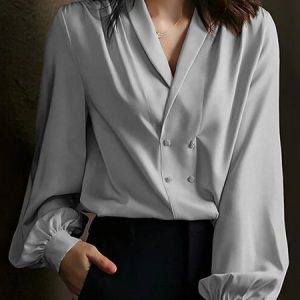 Urban Shawl Collar Loose Silk Satin Blouse, Shirts & Blouses, color:Gray|size:XXL, JustFashionNow