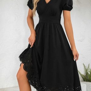 V Neck Devore Regular Fit Elegant Dress, Dresses, color:Black|size:XXL, JustFashionNow