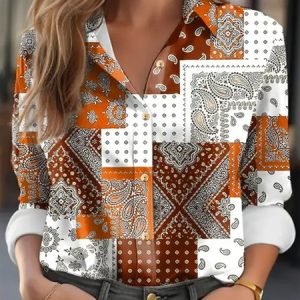 Shawl Collar Vintage Buttoned Paisley Blouse, Shirts & Blouses, color:Orange|size:XXL, JustFashionNow