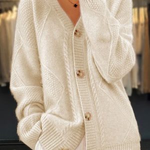 Buttoned Acrylic Plain Casual Sweater, Sweaters, color:Apricot|size:XL, JustFashionNow