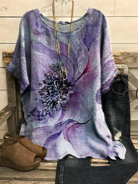 JFN Crew Neck Floral Casual Vacation Top Purple, Shirts & Blouses, color:Multicolor|size:XXL, JustFashionNow