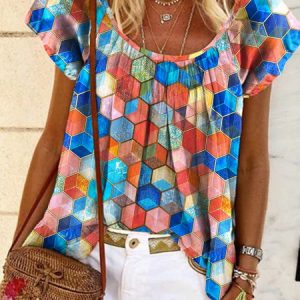 JFN Round Neck Colorful Geometric Vacation Blouse, Shirts & Blouses, color:Blue|size:XXL, JustFashionNow