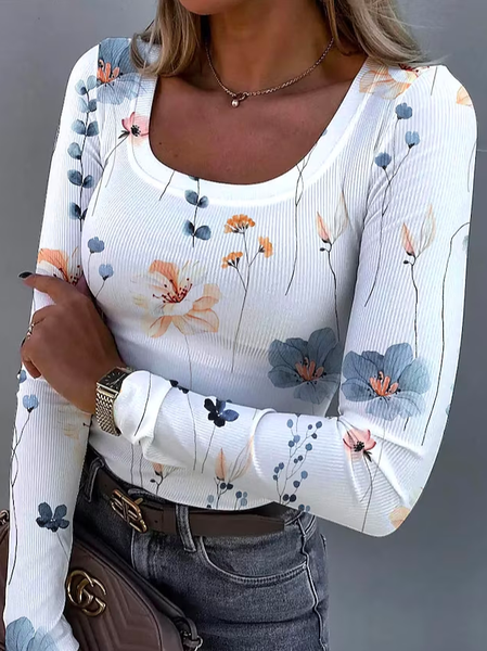Floral Regular Fit Casual Knitted T-Shirt, T-Shirts, color:White|size:XXL, JustFashionNow
