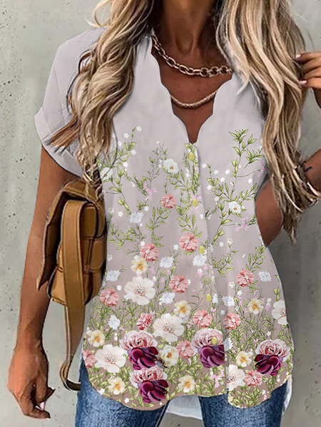 JFN Scallop V Neck Floral Vacation Shirt, Shirts & Blouses, color:Pink|size:XXL, JustFashionNow