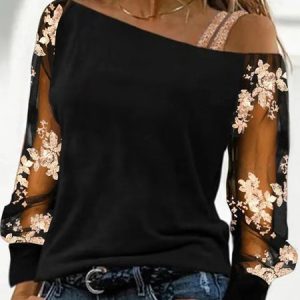 One Shoulder Elegant Lace Loose Shirt, Shirts & Blouses, color:Black|size:XXL, JustFashionNow