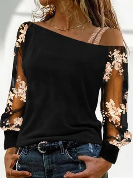 One Shoulder Elegant Lace Loose Shirt, Shirts & Blouses, color:Black|size:XXL, JustFashionNow
