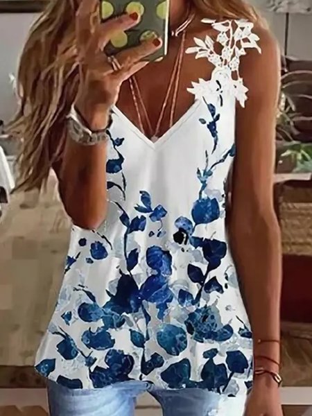 JFN V Neck Floral Lace Vacation T-Shirt/Tee, Tanks & Camis, color:White|size:XXL, JustFashionNow