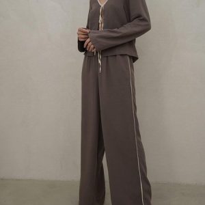 Plain Loose Casual Two-Piece Set, Suit Set, color:Brown|size:XL, JustFashionNow
