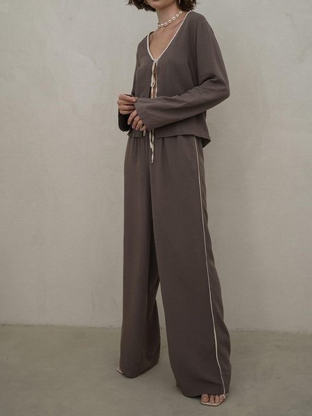 Plain Loose Casual Two-Piece Set, Suit Set, color:Brown|size:XL, JustFashionNow