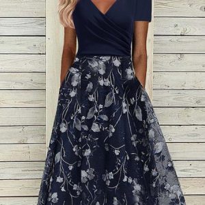 Crew Neck Floral Elegant Dress, Dresses, color:Blue|size:XXL, JustFashionNow