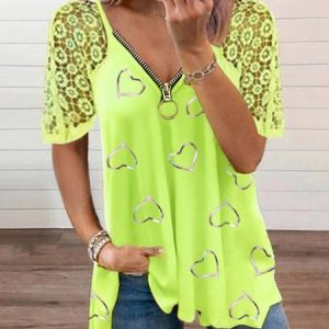 JFN V Neck Heart Zipper Lace Casual Blouse, Shirts & Blouses, color:Green|size:XXL, JustFashionNow