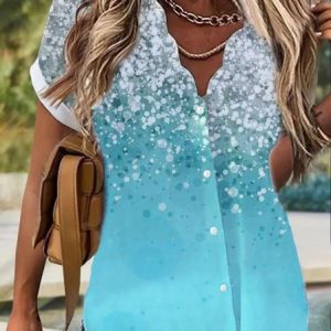 Loosen Ombre Short Sleeve Blouse, Shirts & Blouses, color:Blue|size:XXL, JustFashionNow