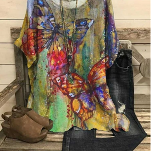JFN Crew Neck Butterfly Vintage Casual Loose Linen Top, Shirts & Blouses, color:Multicolor|size:XXL, JustFashionNow