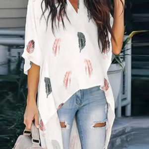 JFN V Neck Feather Irregular Hem Casual Loose Half-Sleeve Blouse Shirt, Shirts & Blouses, color:White|size:XXL, JustFashionNow