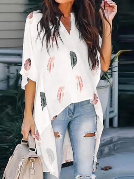 JFN V Neck Feather Irregular Hem Casual Loose Half-Sleeve Blouse Shirt, Shirts & Blouses, color:White|size:XXL, JustFashionNow
