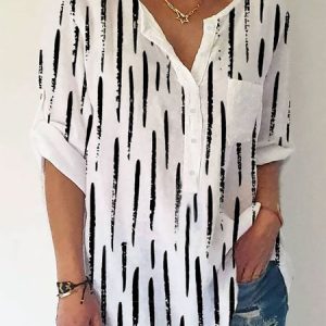 JFN Splited Neck Stripes Casual Blouse, Shirts & Blouses, color:White|size:XXL, JustFashionNow