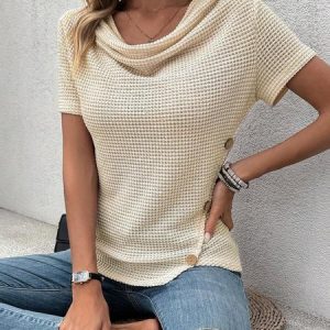 Casual Crew Neck Plain T-Shirt, T-Shirts, color:Khaki|size:XXL, JustFashionNow