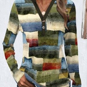 Loose Notched Casual Buttoned T-Shirt, T-Shirts, color:Green|size:XXL, JustFashionNow