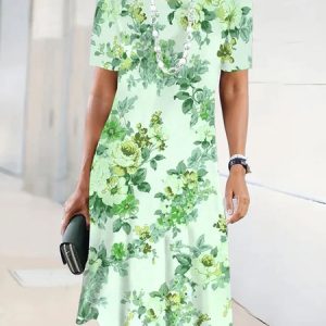 Cotton-Blend Elegant Floral Loose Dress, Midi Dresses, Roselinlin - Online Catalog
