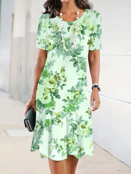 Crew Neck Elegant Floral Loose Garden Party Midi Dress, JustFashionNow Dresses, color:Green|size:XXL,