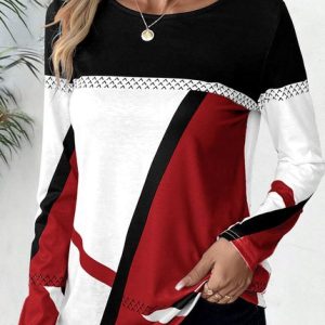 Loose Casual Color Block Crew Neck T-Shirt, T-Shirts, color:Red|size:XXL, JustFashionNow
