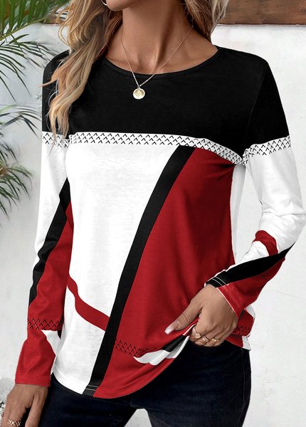 Loose Casual Color Block Crew Neck T-Shirt, JustFashionNow T-Shirts, color:Red|size:XXL,