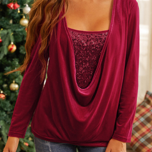 Women's Square Neck Christmas Wine Red Velvet Sequins Tops, Shirts & Blouses, color:Black|size:XXL, JustFashionNow
