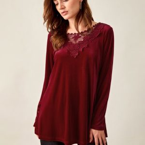 Long sleeve round neck gorgeous velvet Korean velvet plain color patterned collar lace a-hem loose top, Shirts & Blouses, color:Red|size:3XL, JustFashionNow