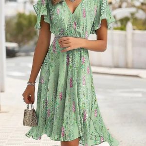 Glitter Ruffled Sleeves Regular Fit Elegant Dress, Dresses, color:Green|size:XXL, JustFashionNow