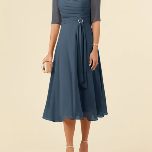 Elegant Crew Neck Chiffon Dress, Dresses, color:Blue|size:XXL, JustFashionNow