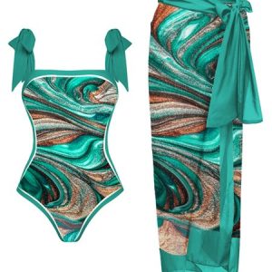 Vacation Abstract Printing Scoop Neck One Piece With Cover Up, swimwear>>Bikini Sets, color:Green|size:XXL, JustFashionNow