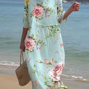 Casual Loose Floral Ruched Dress, Dresses, color:Green|size:XXL, JustFashionNow