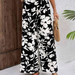 Loose Elegant Floral Pants, Pants, color:Black-white|size:XXL, JustFashionNow