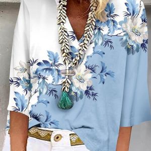 Loose Floral V Neck Casual Shirt, Shirts & Blouses, color:Blue|size:XXL, JustFashionNow