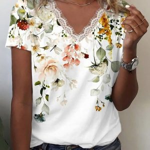 Casual Floral V Neck Short Sleeve T-shirt, T-shirts, color:Lightgreen|size:XXL, catalog Noracora shop