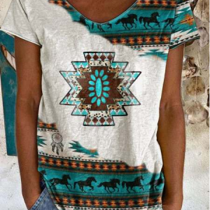 V Neck Casual Loosen Tribal Short Sleeve T-shirt, T-Shirts, color:Green|size:XXL, JustFashionNow