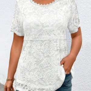 Crew Neck Jacquard Bone Lace Elegant Shirt, Shirts & Blouses, color:White|size:XXL, JustFashionNow