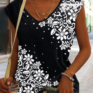 JFN V Neck Floral Design Casual Loose Sleeveless Tank Top, Tanks & Camis, color:Black|size:XXL, JustFashionNow