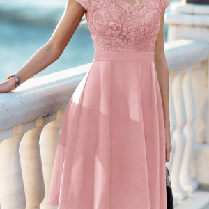 Lace Elegant Plain V Neck Dress, Dresses, color:Light Pink|size:XXL, JustFashionNow