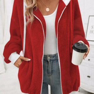 Fluff/Granular Fleece Fabric Casual Loose Teddy Jacket, JustFashionNow Coats, color:Red|size:XXL,