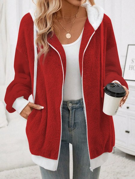 Fluff/Granular Fleece Fabric Casual Loose Teddy Jacket, JustFashionNow Coats, color:Red|size:XXL,