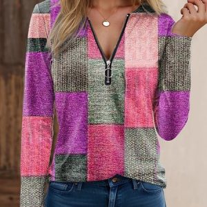 Zipper Casual Loose Multicolor Block T-Shirt, T-Shirts, color:Fuchsia|size:XXL, JustFashionNow