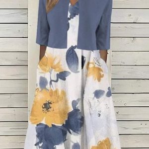 Loose Floral Crew Neck Casual Two-Piece Set, Casual Dresses, color:Blue|size:XXL, JustFashionNow