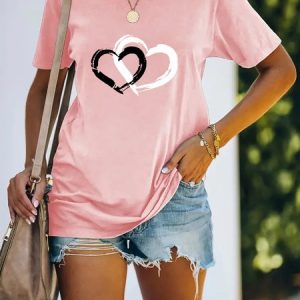 Heart/Cordate Crew Neck Casual T-Shirt, T-Shirts, color:Pink|size:XXL, JustFashionNow