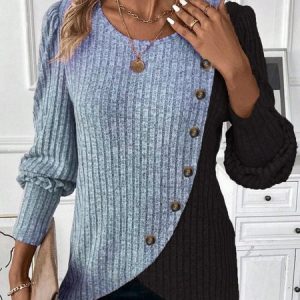 Crew Neck Long Sleeve Color Block Buttoned Regular Micro-Elasticity Loose Blouse For Women, Blouses, color:Blue|size:XXL, catalog Noracora shop