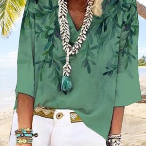 Gradient foliage V-neck loose Pullover Top, Shirts & Blouses, color:Green|size:XXL, JustFashionNow