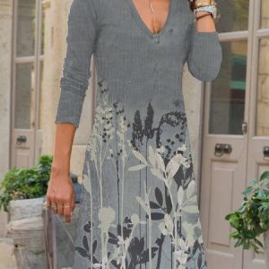 Long Sleeve Printed V Neck Knitting Dress, Dresses, color:As Picture|size:3XL, JustFashionNow
